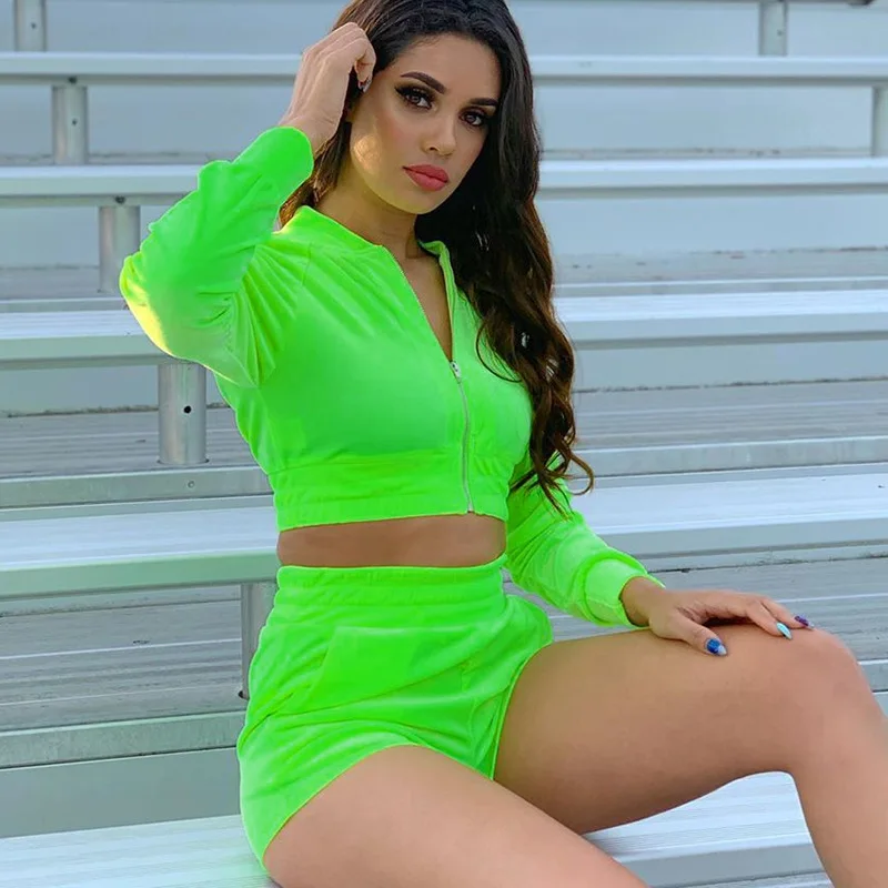 2019 Autumn 2 Pieces Velvet Women Ladies Cropped Top Shorts Casual Tracksuits Sets