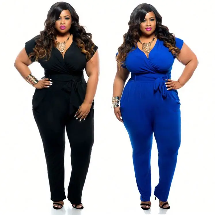 

DM908022 wholesale fashion V-neck short-sleeved solid color sexy plus size jumpsuit romper for fat women
