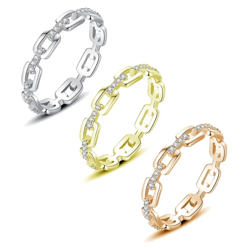 

New Chain Link Rings For Women Wedding Brilliant Cubic Zircon High Quality Simple Sterling Silver Female Finger Ring Jewelry