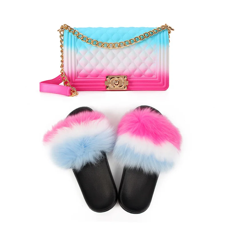 

Top Selling Wholesale New Arrivals Solid Color Jelly Bag Purse with high quality faux fox fur slippers