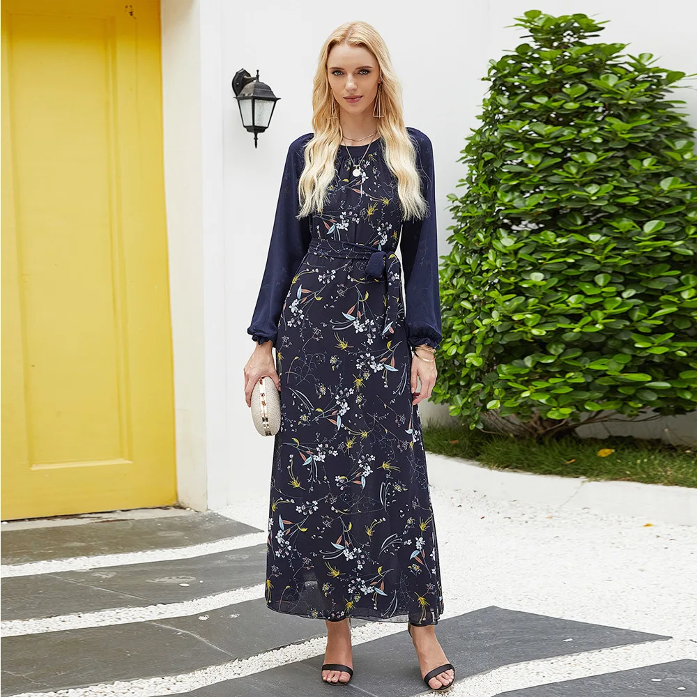 

Puff Sleeve Floral Chiffon Waist Tie Muslim Islamic Abaya Maxi Dress, Dark blue