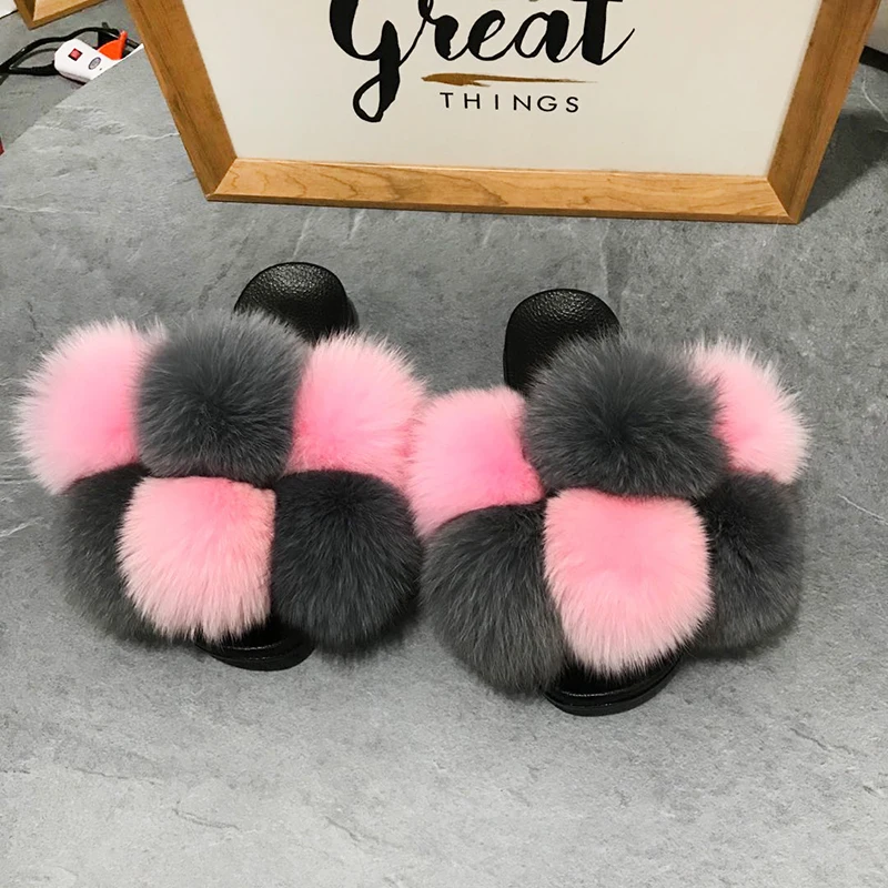 

Pink Fluffy Indoor Slippers Mixed Color 6 Balls Fur Flat Slipper Sandals Fox Pom Slides Women And Baby Fur Pom Pom Slipper, Picture
