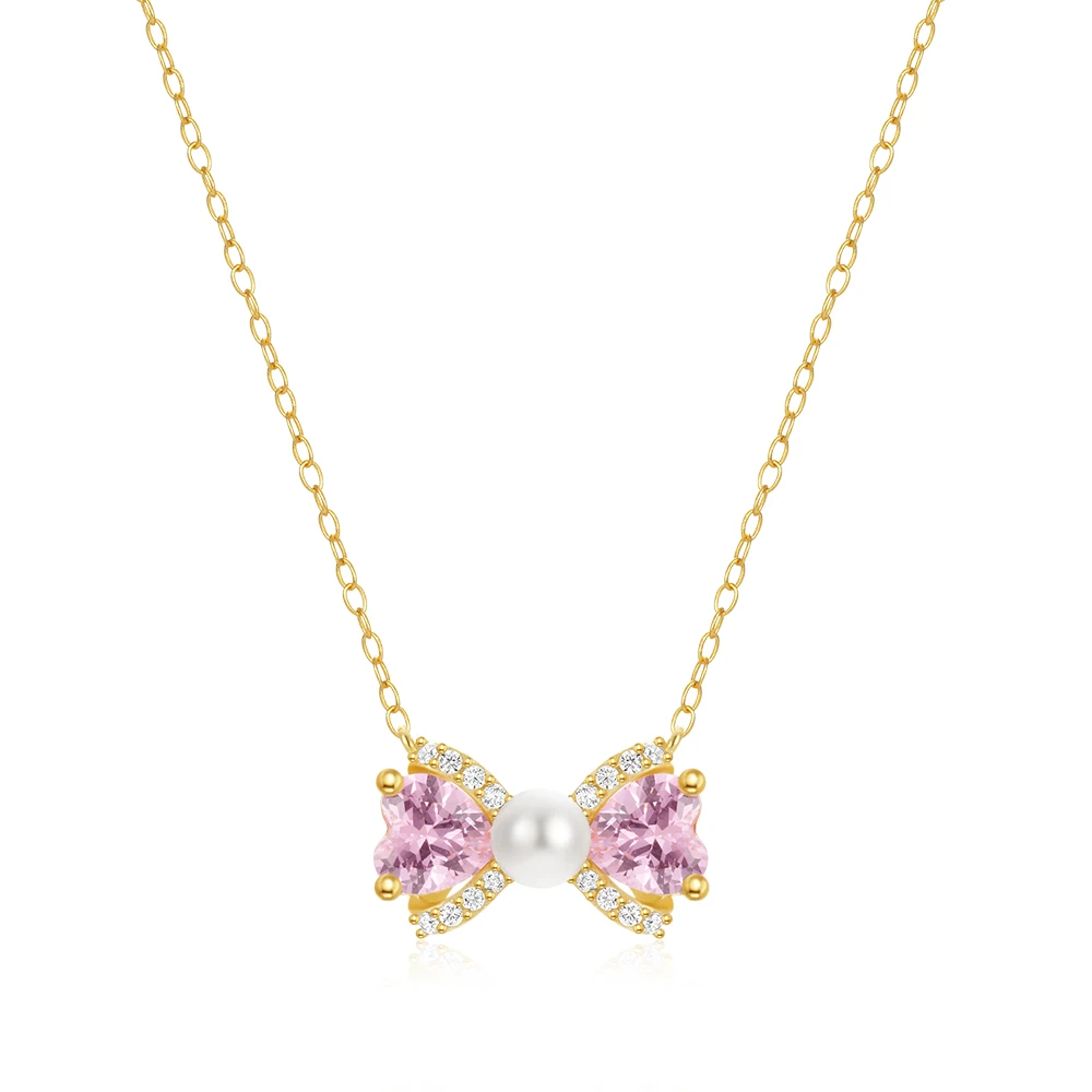 Fashion Jewelry Necklace 925 Sterling Silver Bow Pearl Necklace Bowknot pink Heart Zircon Gold Plated Necklace Women