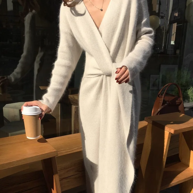 

New Korean Belted Cashmere Sweater Dress Wool Winter Warm Thick Women Fashion Office Lady V Neck Knitted Dress 10%