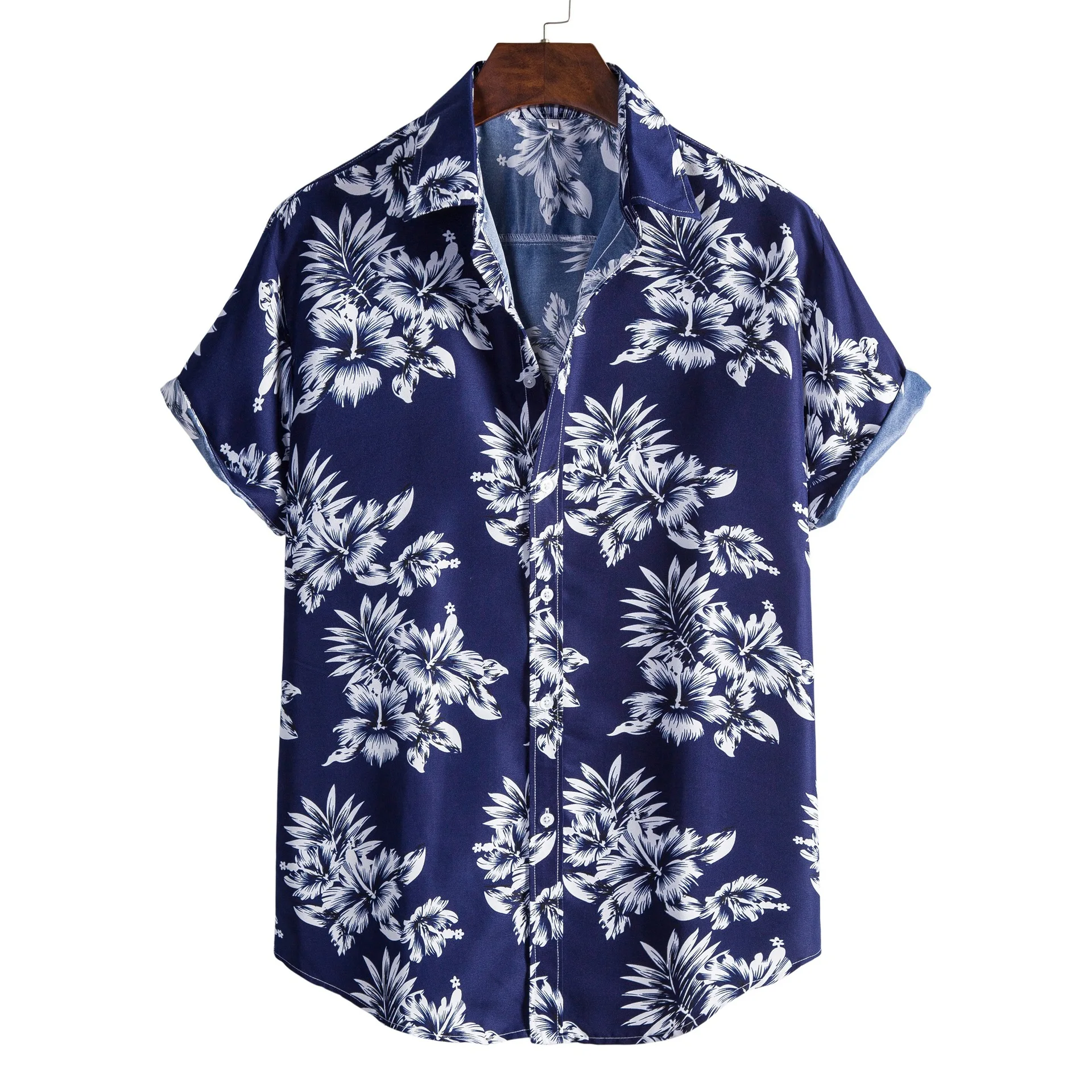 

Summer fashion new men's fit print short-sleeved shirt stand collar cotton temperament commuting