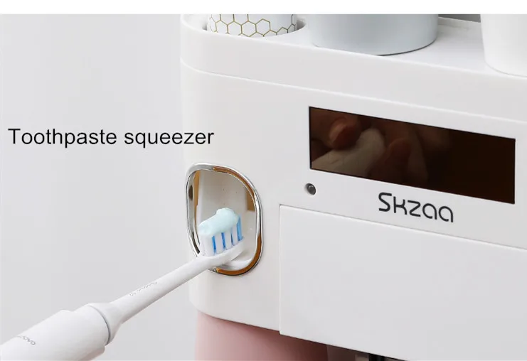 
UV Sterilization Wall Mount Toothbrush Holder Automatic Toothpaste Dispenser With Storage Rack 