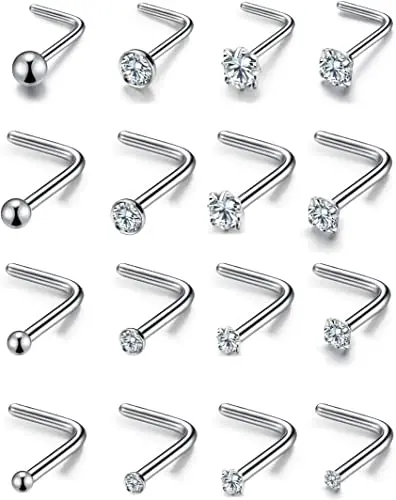 

16Pcs Stainless Steel Stud Nose Ring CZ L Shape Nose Body Piercing for Womens Mens, Picture