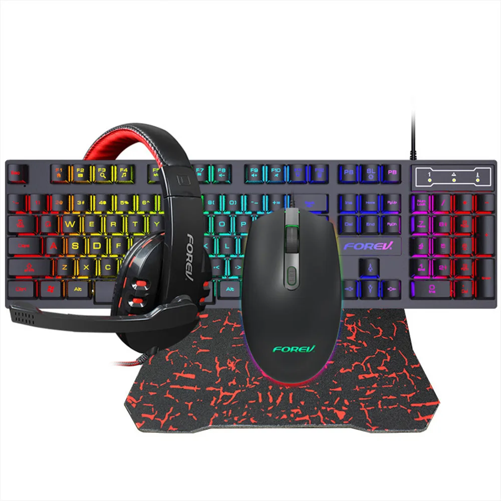 

FV-Q809 Professional wired Gaming Keyboard and mouse headset four - piece RGB Backlit running horse lamp effect, Black white