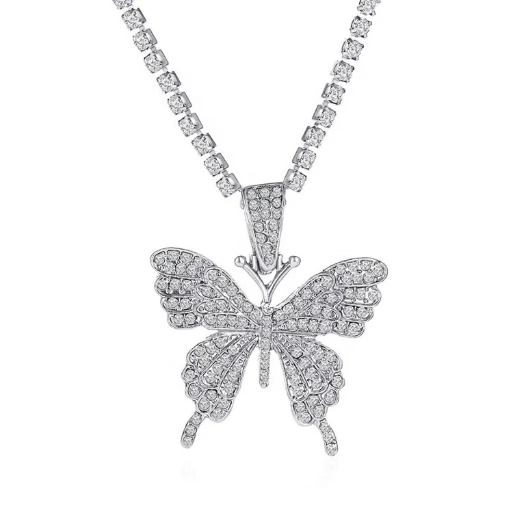 

Hip Hop Bling Butterfly Necklace Shiny Crystal Tennis Chain Necklace Iced Out Silver Jewelry Pendant Necklace, As picture display