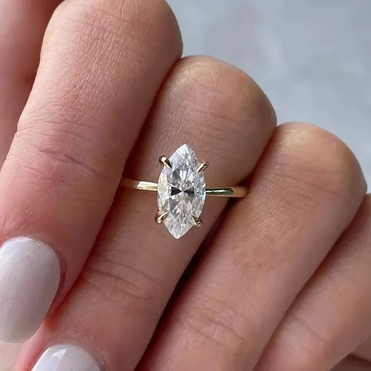 

Single 4 claws 1ct marquise shape moissanite diamond 18K solid gold solitaire wedding rings
