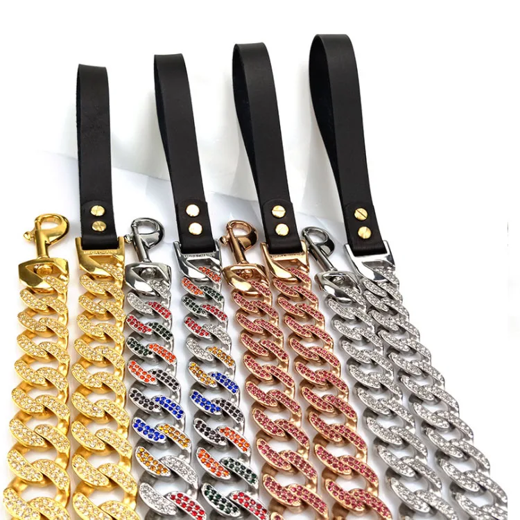 

Dog necklace Plated 18K Silver Diamond cuban link dog collar and leash sets cuban dog chain and collar, As picture