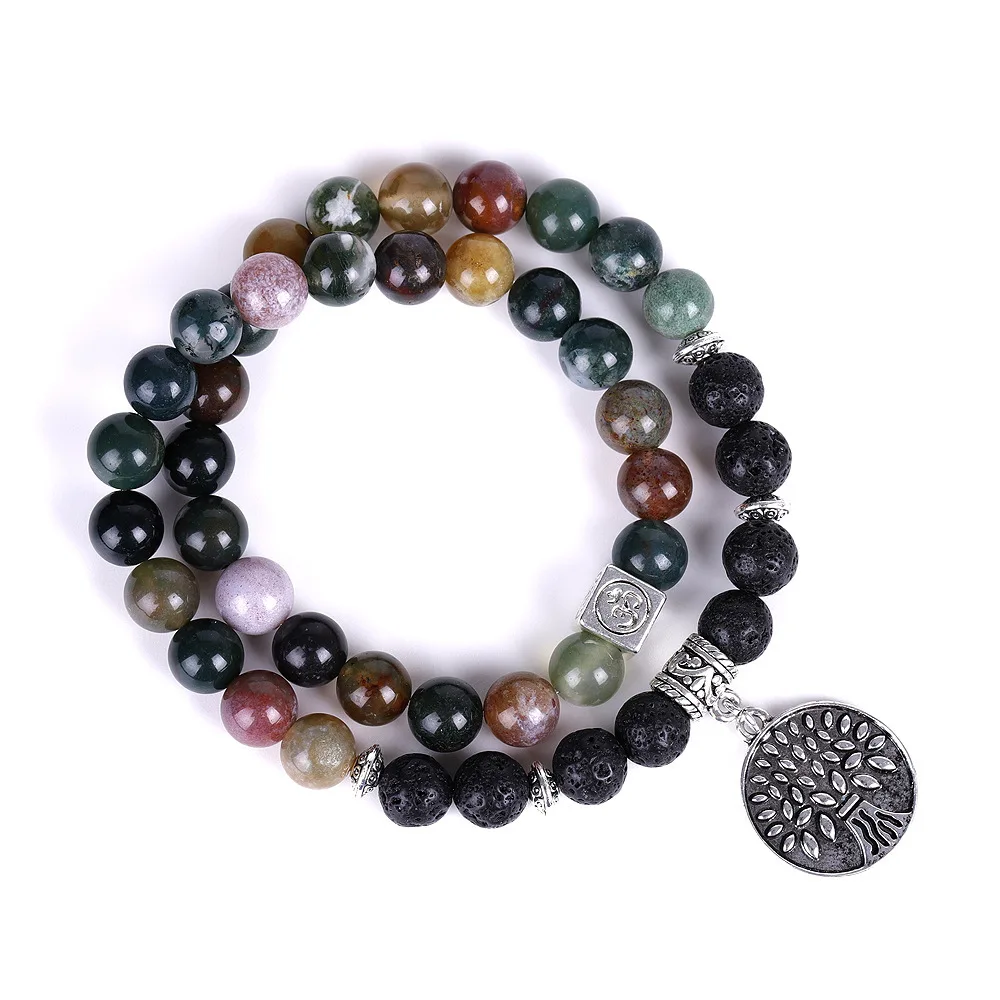 

2021 Yoga Jewelry Long Style Double Layers Mala Buddha Bead Bracelet Natural Indian Agate Stone Tree Of Life Charm Bracelet