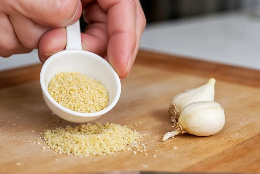 Chef's hand measuring granulated garlic into a recipe with fresh garlic cloves nearby for comparison
