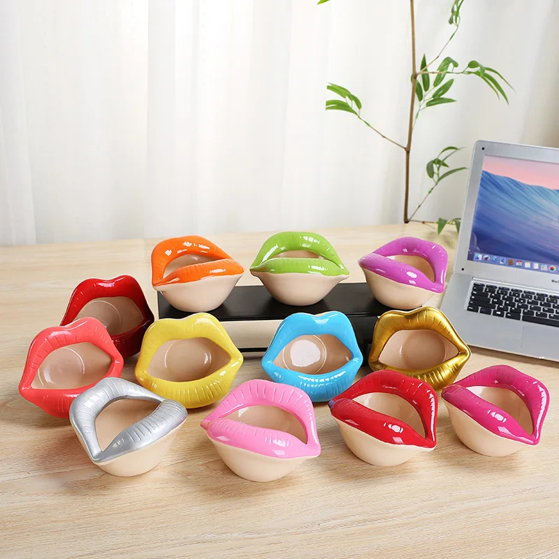 

Amazon hot sale Cute Lips Ashtray Ceramic Smoking accessories Creative Design Sexy Red Mouth Planter Flower Pots, Customized color