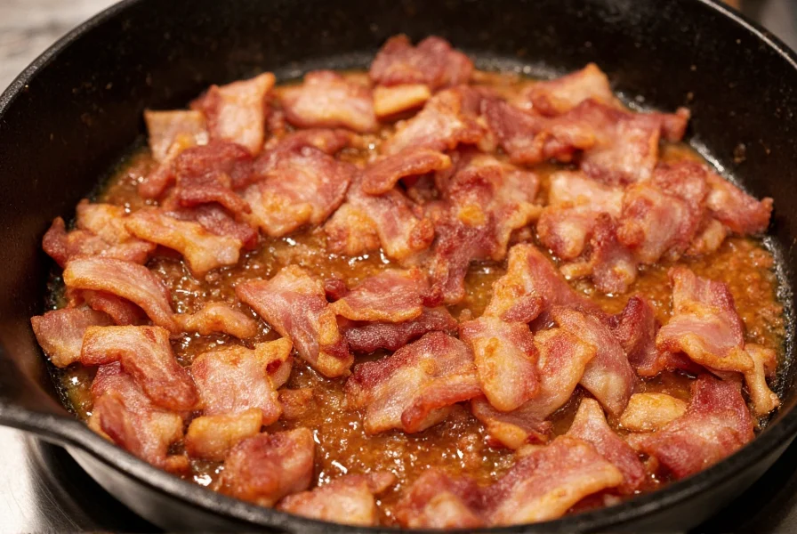 Close-up of crispy bacon pieces sizzling in cast iron skillet before adding to chili