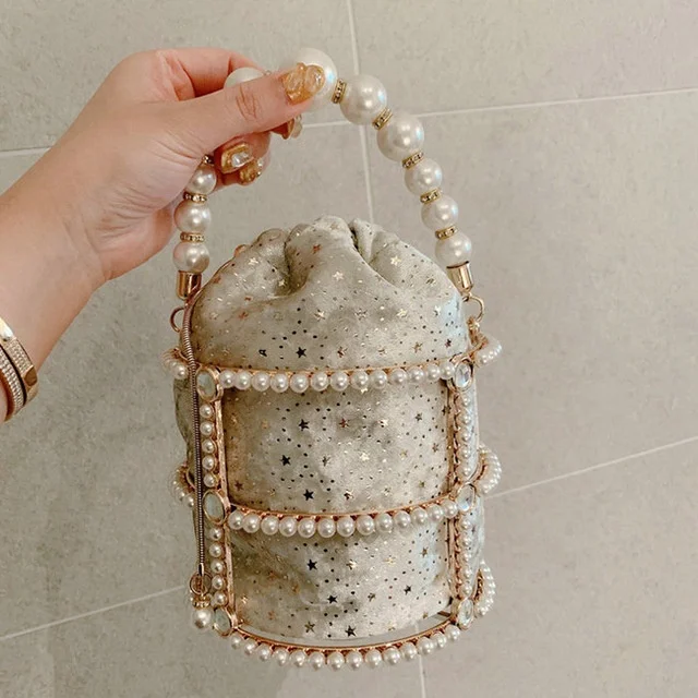 

Hollow Out Pearl Bucket Evening Bag Women 2021 Luxury Designer Korean Handmade Alloy Metallic Clutch Bag Ladies Shoulder Bags