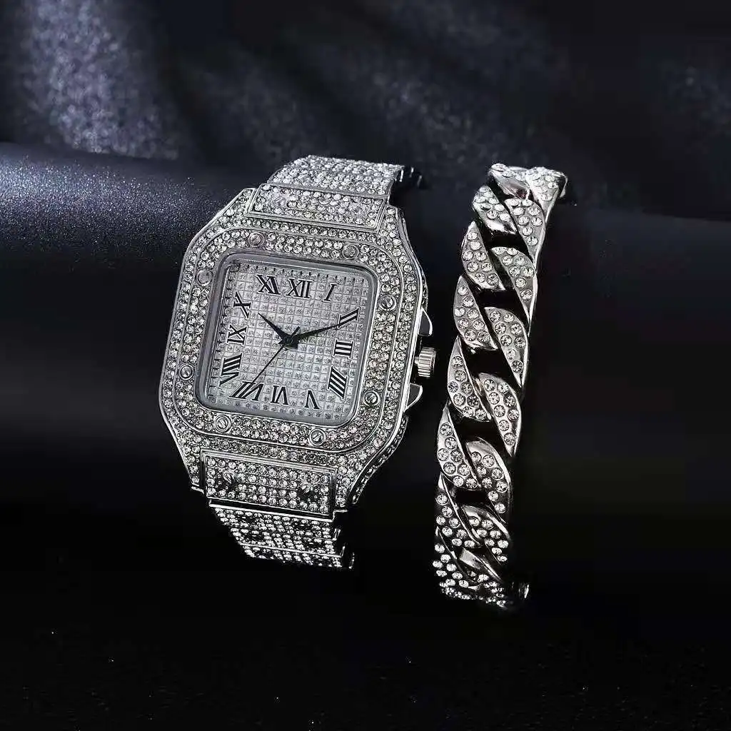 

Newest Arrival Hip Hops Square Dial Diamond Watch Crystal Rhinestone Cuban Chain Bracelet Watch Set For Men