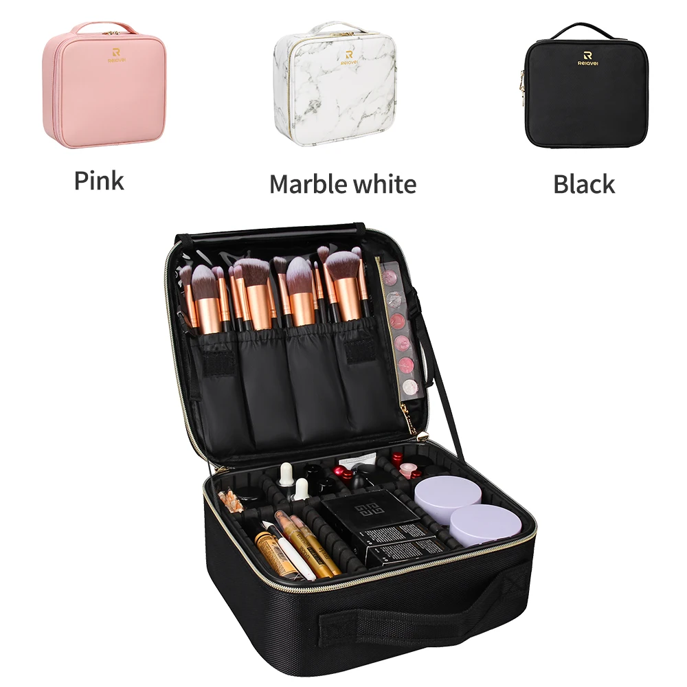 

Relavel 2021 New Luxury Portable Waterproof Train Adjustable Dividers Small Cosmetic Beauty Makeup Case For Travel, Black