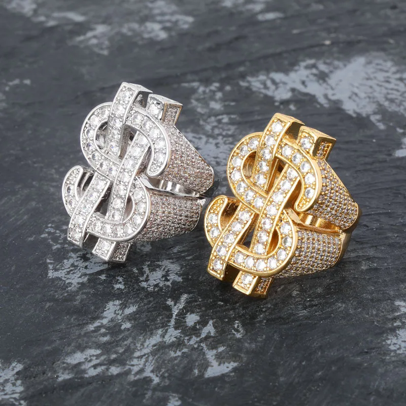 

Hiphop 18K Gold Plated Cz Diamond Crystal Dollar Sign Rings Iced Out Ring Mens Dollar Money Finger Ring