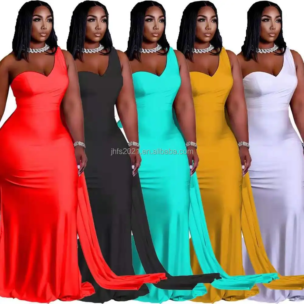 

J&H fashion plus size solid one shoulder long dress women elegant slim floor length ball gown for bridesmaid wear, 5 colors as picture