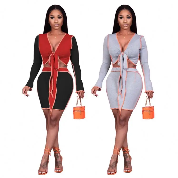 

Best Design Deep V Neck Women Sexy Clothes Two Piece Dress Set Women Lady Top And Skirt Set Two Piece Set Clothing