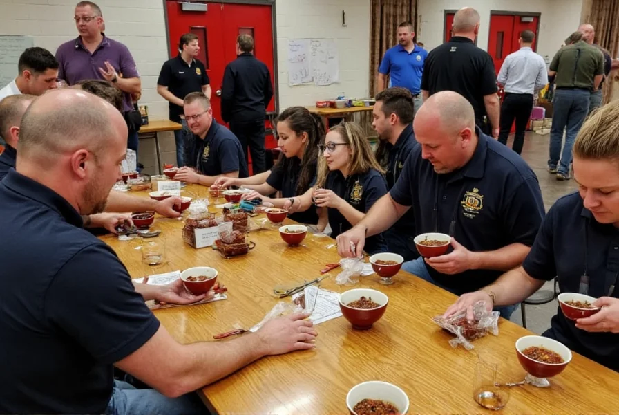 Firefighters serving bowls of firehouse chili at a communal table in fire station