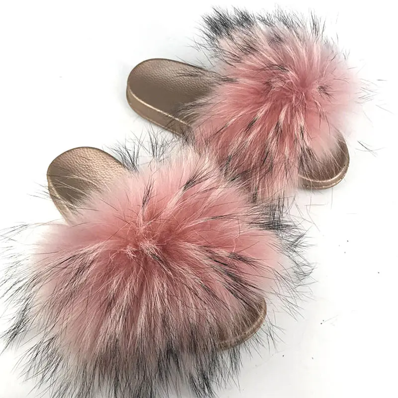 

Women Plush Fluffy Lovely Real Raccoon Fur Slippers Flat Indoor Shoes Flip Flops, Single color