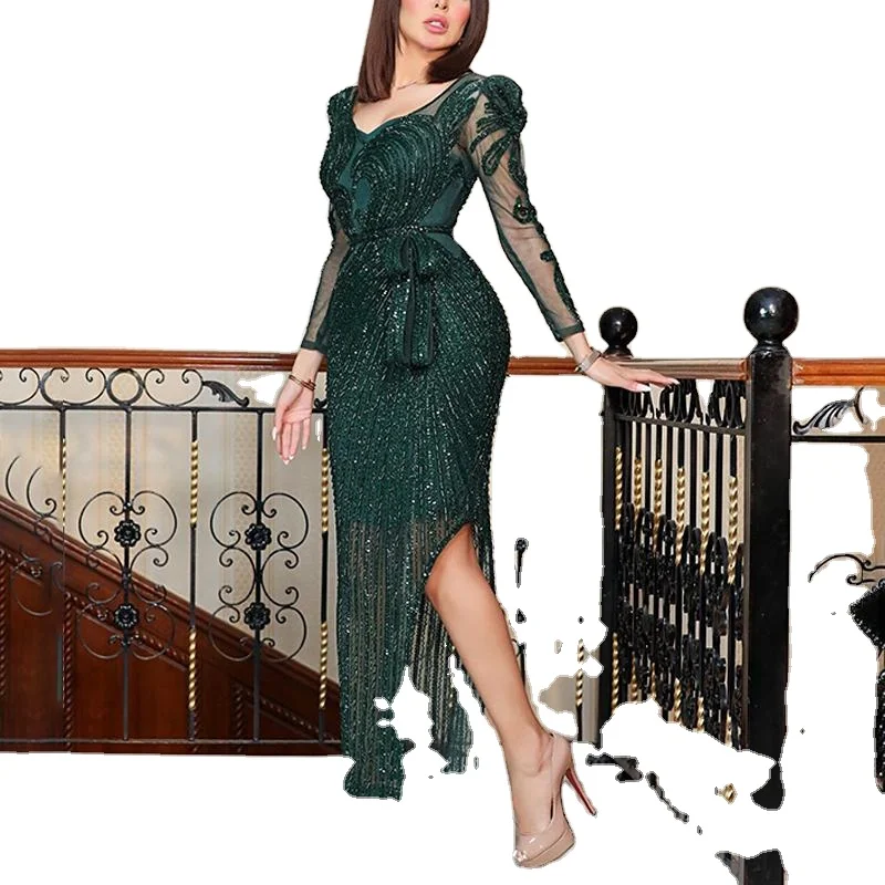 

V Neck Long Sleeve Slim Beaded Split with belt woman Evening Gowns Dresses, Picture