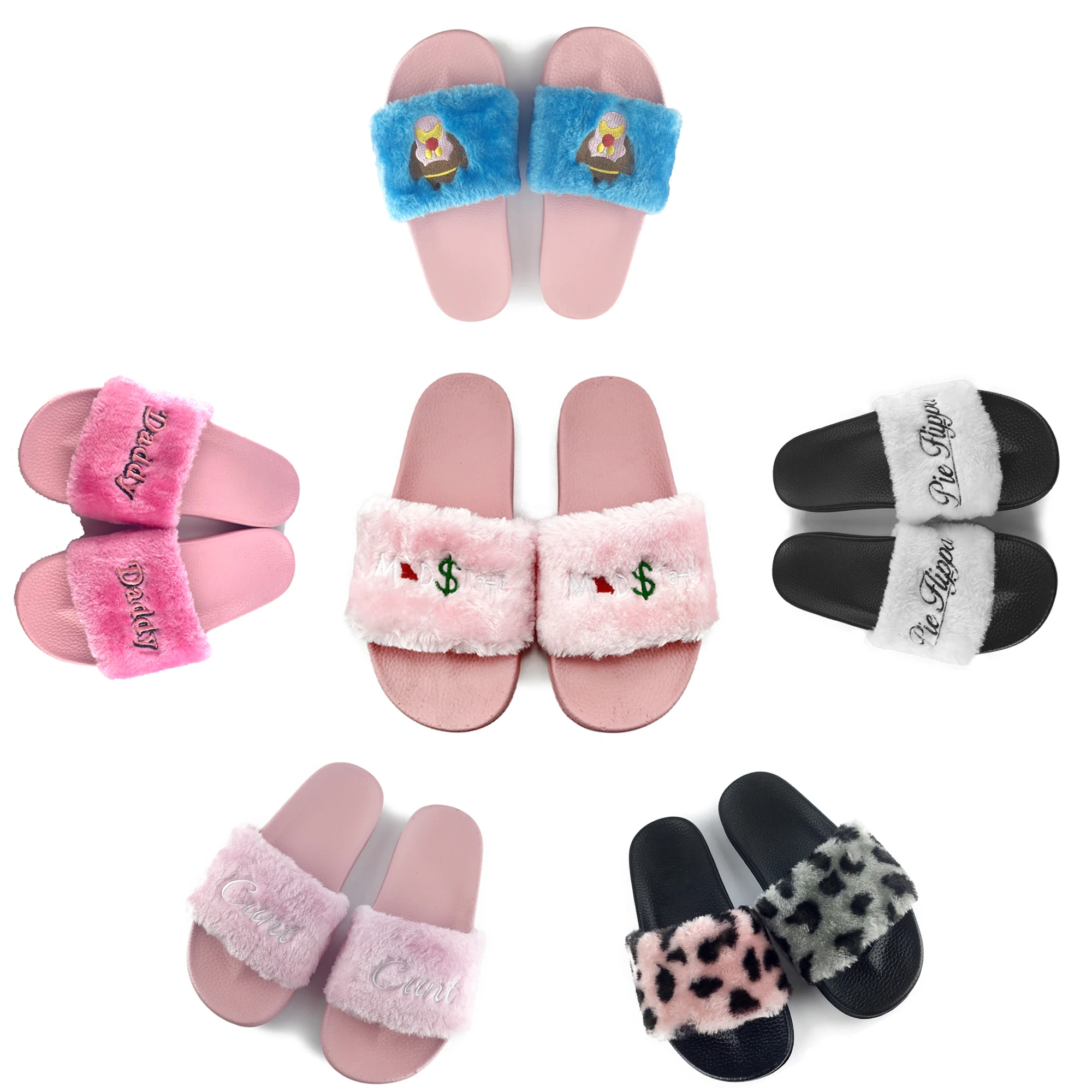 

Greatshoe factory custom new fur pink sandals faux fox slides fashion female fur sandals