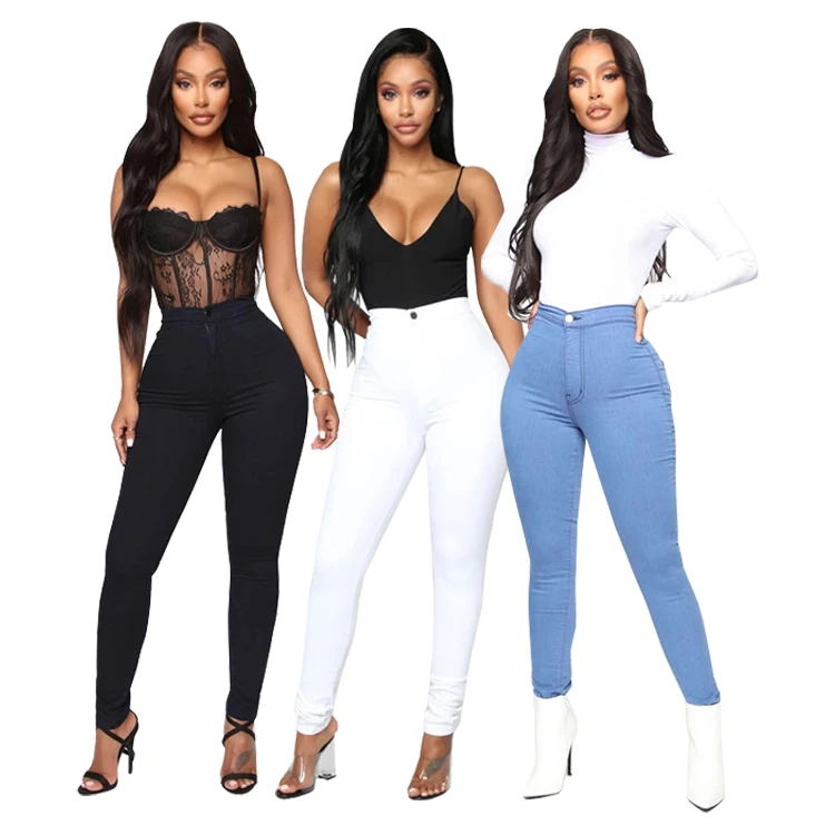

Wholesale Custom Summer 2021 Solid Color Denim Trousers Stretch High Waist Skinny Jeans Women, As the picture or accept color custom