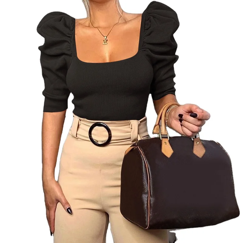 

Puff Sleeve Tops Female Slim Women Clothing Wear Vintage Korean Style Elegant T-shirt Crop Top