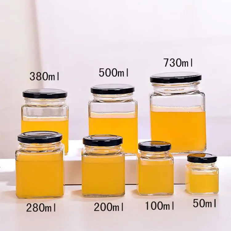 

Wholesale empty square clear food storage container honey glass jar with metal lid, Transparent