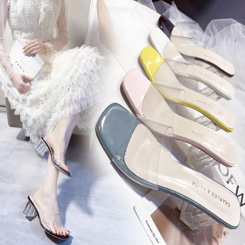 

50%OFF Summer new Korean version of crystal thick heel with transparent PVC sandals and slippers wholesale