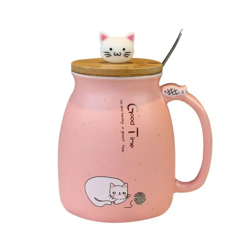 

Hot Sale Custom Logo Cute 3D Cartoon Cat Porcelain Mug Set with Lid and Spoon, Blue,pink,purple,yellow