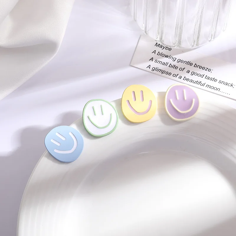 

CE0524 925 Silver Post Macaroon Color Enamel Smiley face Earring, Gold
