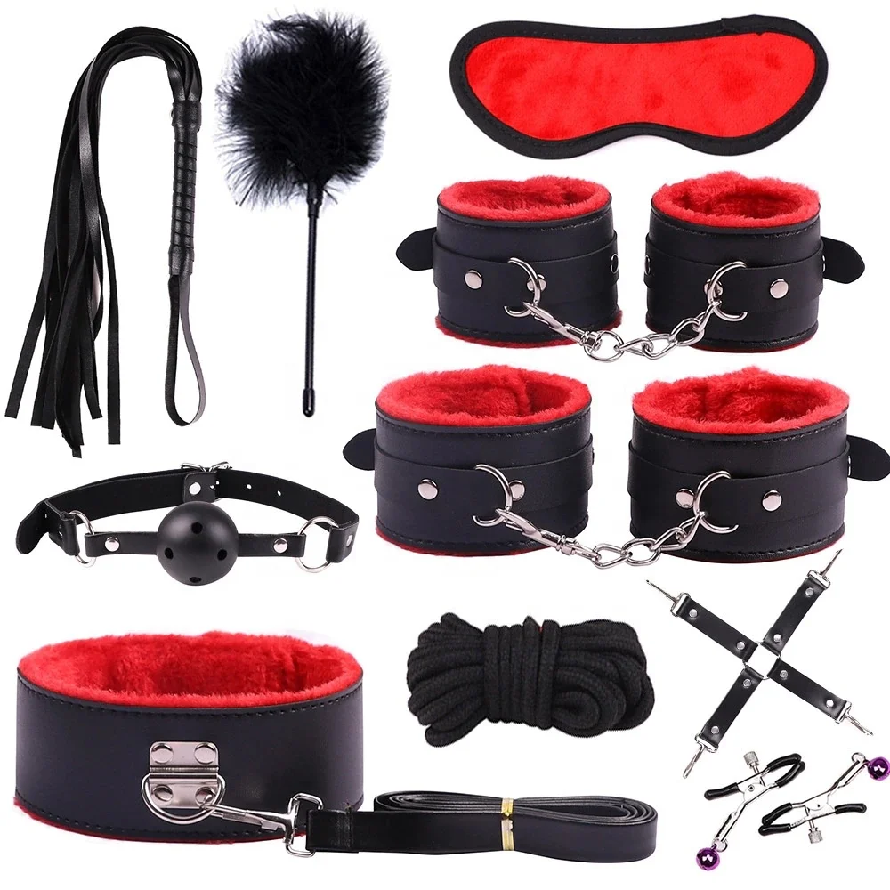 

10Pcs/Set Exotic Sex Products Adult Game Leather Bondage BDSM Kits Handcuffs Sex Toys Whip Gag Tail Plug BDSM Sex Toys For Adult