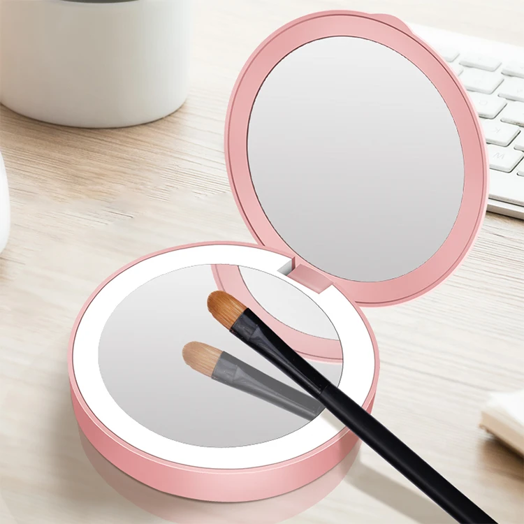 

Amazon popular hand held mini custom smart rechargeable foldable pocket led makeup mirror with light, White,pink