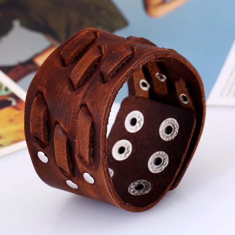 

Mens Genuine Leather Bracelet With Stainless steel Magnetic Clasp Braided Rope Wrap Bracelet, As pic