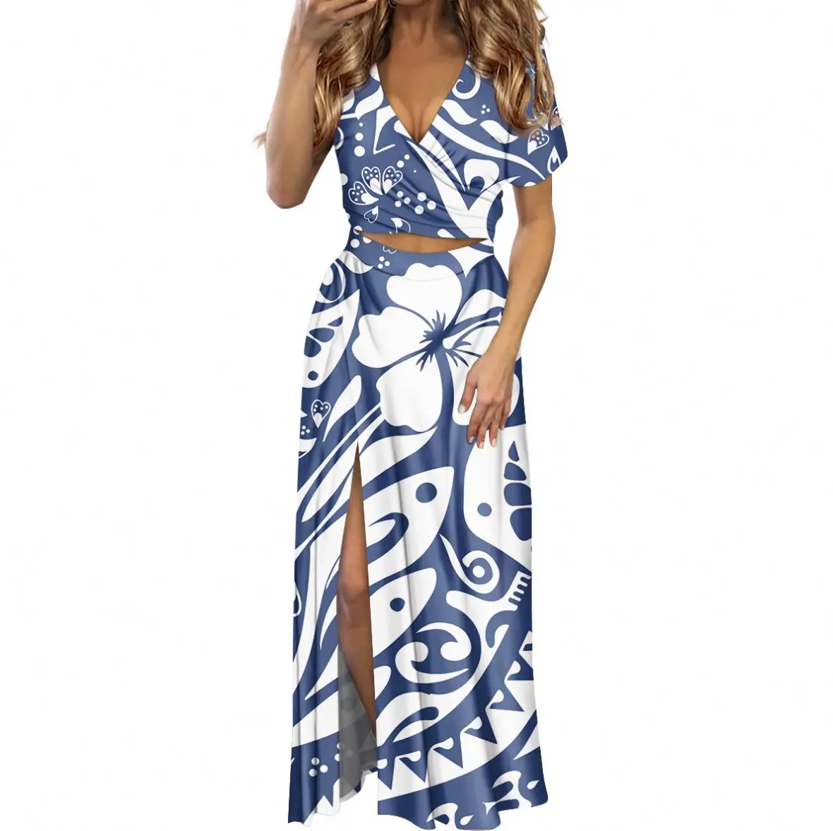 

Polynesian Fabrics Print Tribal V-neck Ladies Dresses Wholesale Women Clothing Women Slit Bandage Dress Short Sleeve