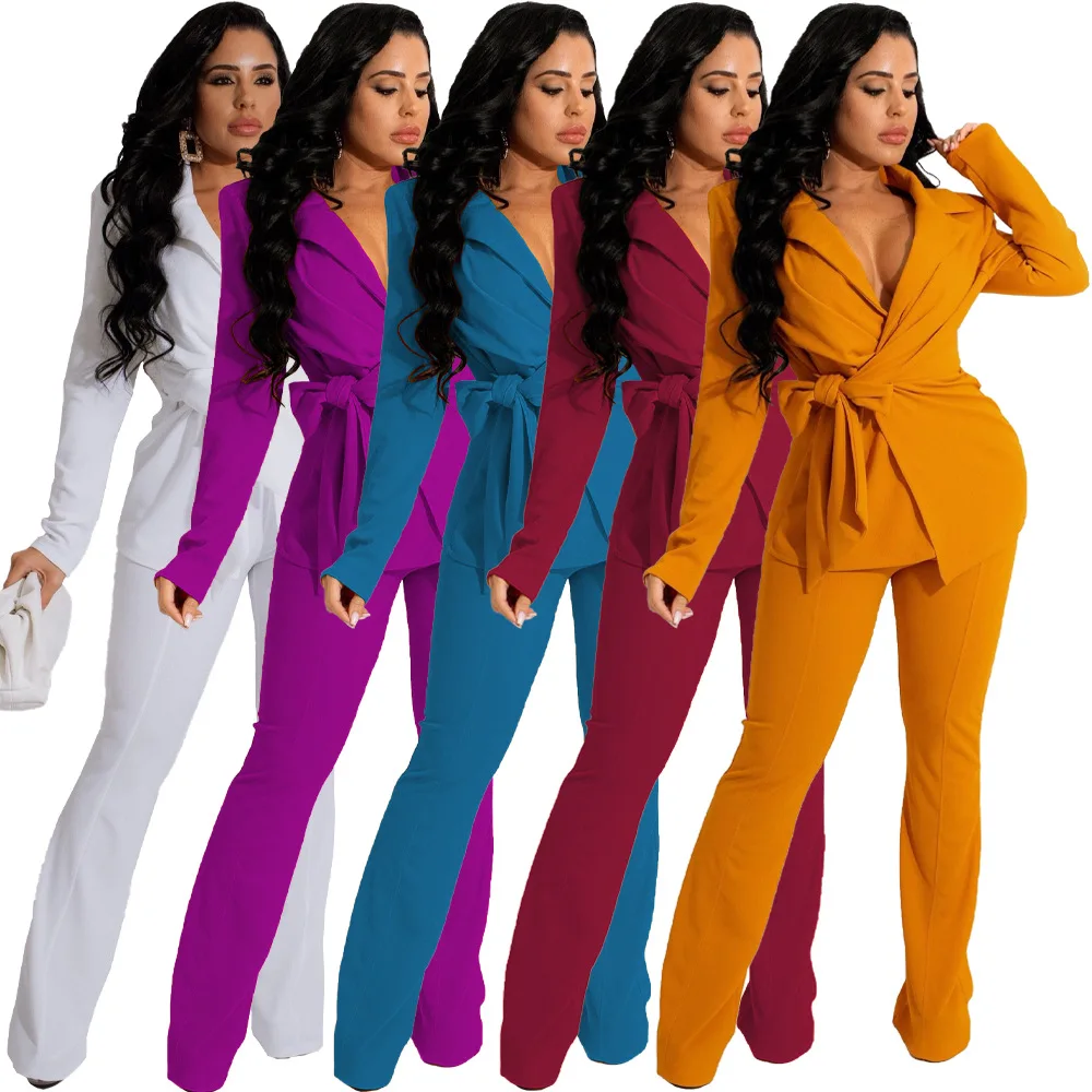 

Solid color fashion V-neck women's two-piece suit 2 piece outfits set
