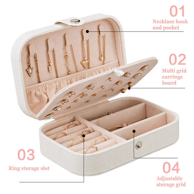 

Earrings Ring Necklace Organizer Leather Jewelry Box, White/pink/dark blue