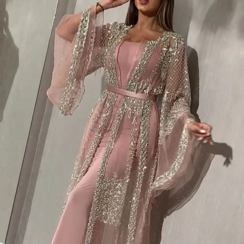 

Long Sleeved Sequins and Mesh Comfy Evening dress Party Chic Long Princess Wedding Lace Fairy Pink Summer Evening Women Dress, Pink,black