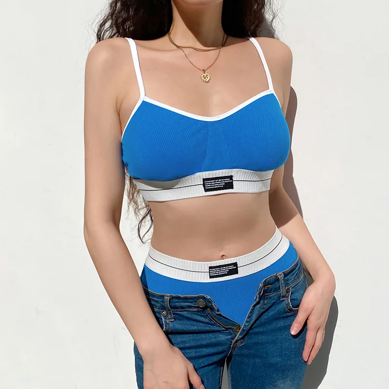 

Spaghetti Strap Tops Tank Bra With Underwear Suit Knitted Fashion Ribbed Stretchable Blue Women Bra Set