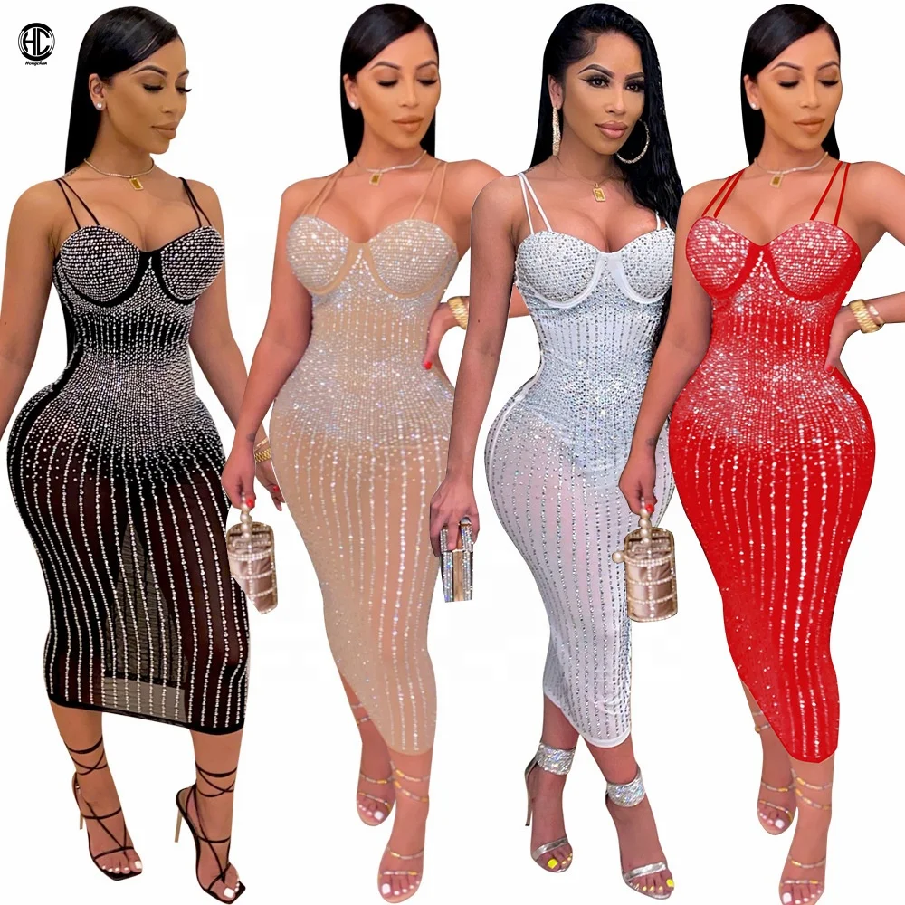 

2021Hot Jewel Transparent Feast Sexy Even Summer Girl Elegant Long Party Lady Maxi Bodycon New Womens Diamond Night Club Dresses