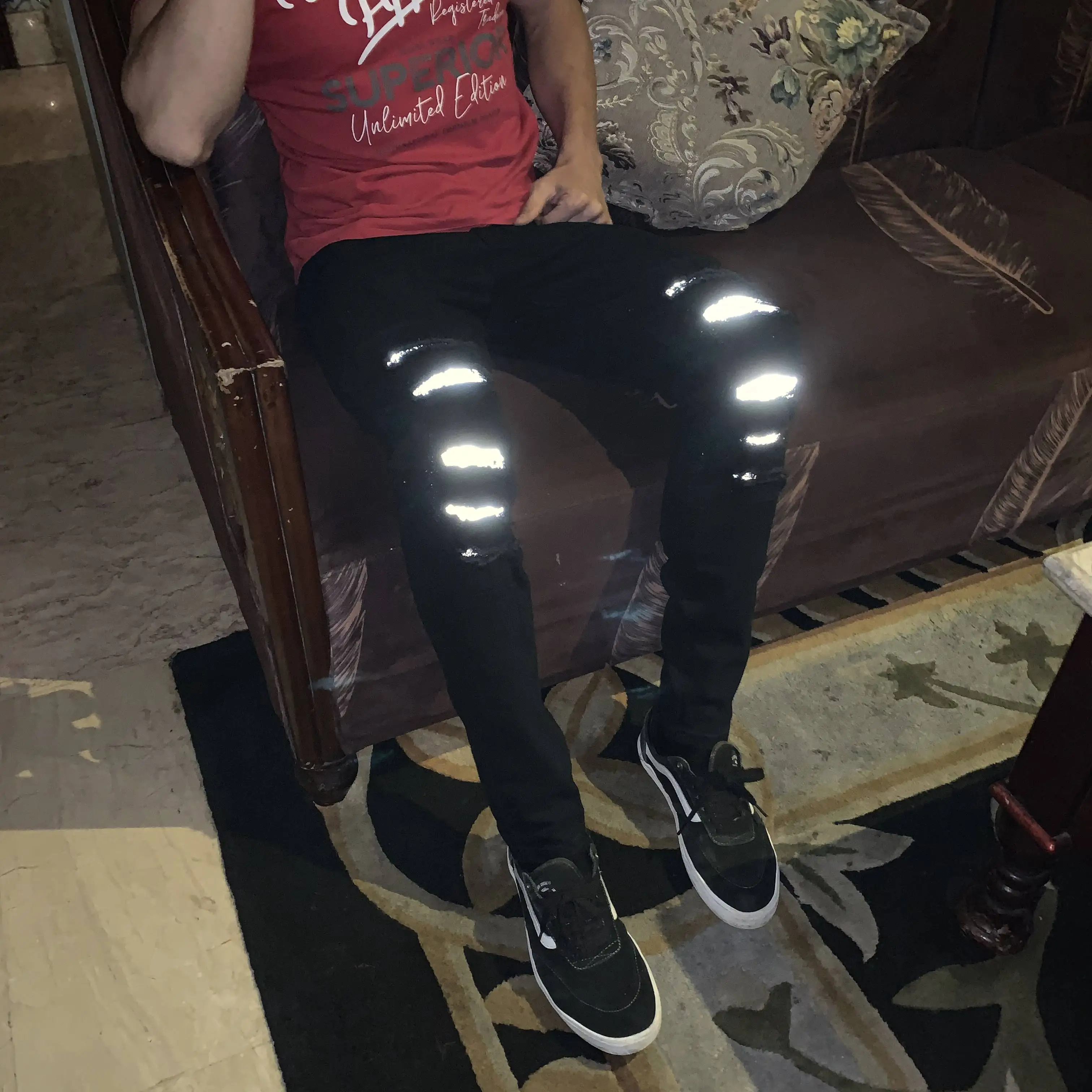 Xintang Manufacture Custom Latest Design European street style men's Jeans reflective stripes casual slim men's pants