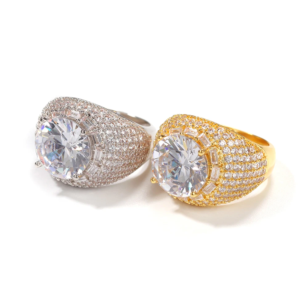 

Wholesale Gift Hip Hop Gold Men's Fashion Jewelry Iced Out Bling Bling Round Big Diamond Index Finger Ring, Gold/silver