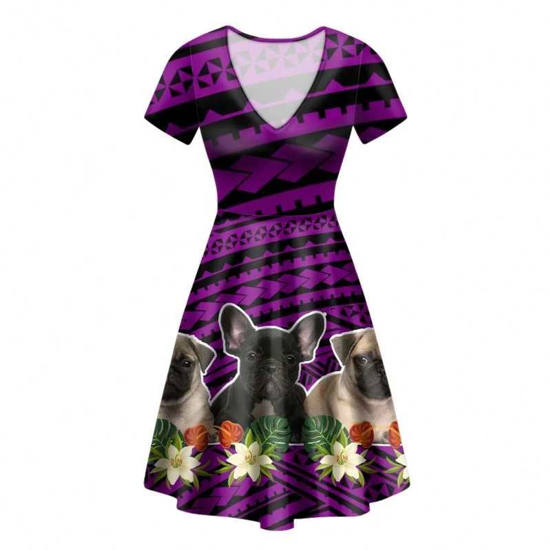 

classic Tahiti Polynesian French Bulldog Print Midi Dress Women Casual Sexy V-neck Party Summer Dress Short Sleeve Loose Dresses, Customized color