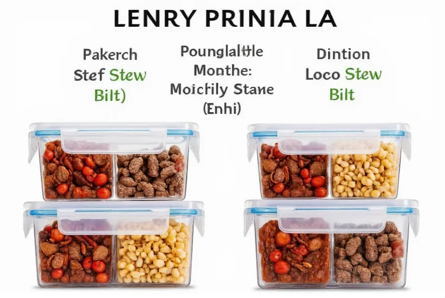 Proper storage containers for beef stew and chili showing portion sizes and labeling
