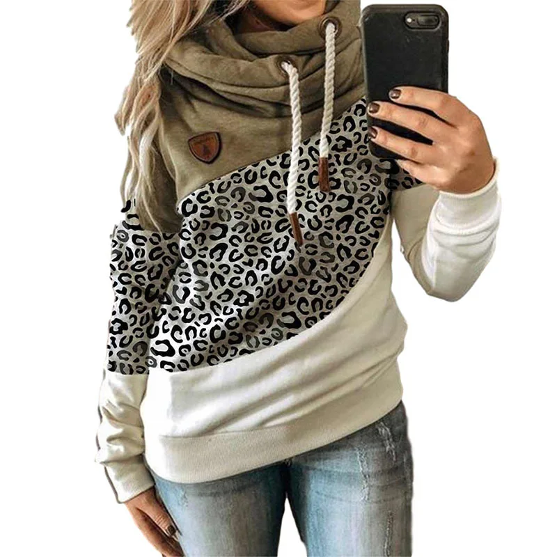

Womens Hooded Leopard Print Sweatshirt Hoodie Stitching Hoody Jumper Pullover Tops Shirt