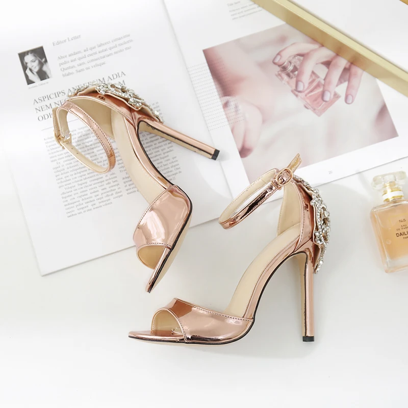

Diamond sandals women's summer 2022 new diamond studded button black high heels thin heel Sexy Satin fish mouth shoes